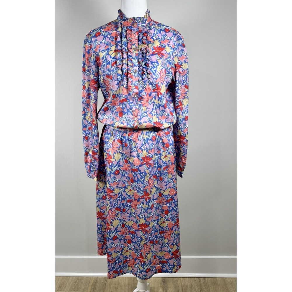 Vintage 2 Pc Floral Set‎ Blouse Skirt Ruffle High Neck Pink Blue S Secretary